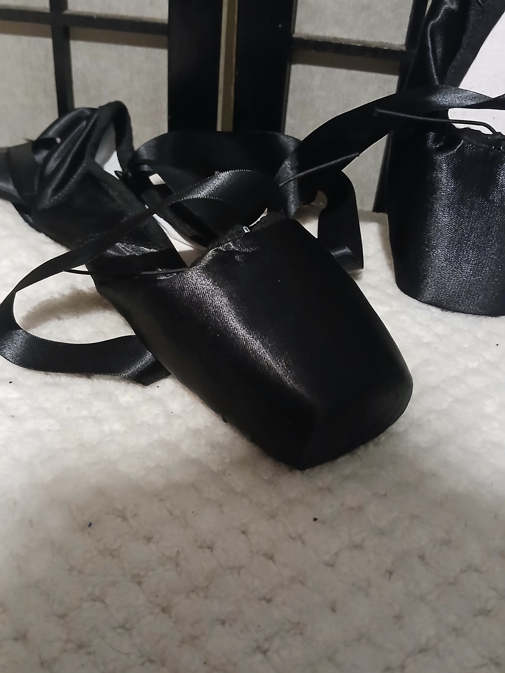 Black Satin Pointe Ballet Heels with Ankle Wraps - Picture 2 of 9
